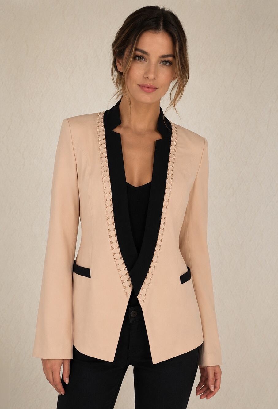 Aryn K XS Blush Nude Black Tuxedo Blazer Lattice Trim Open Front Career Jacket